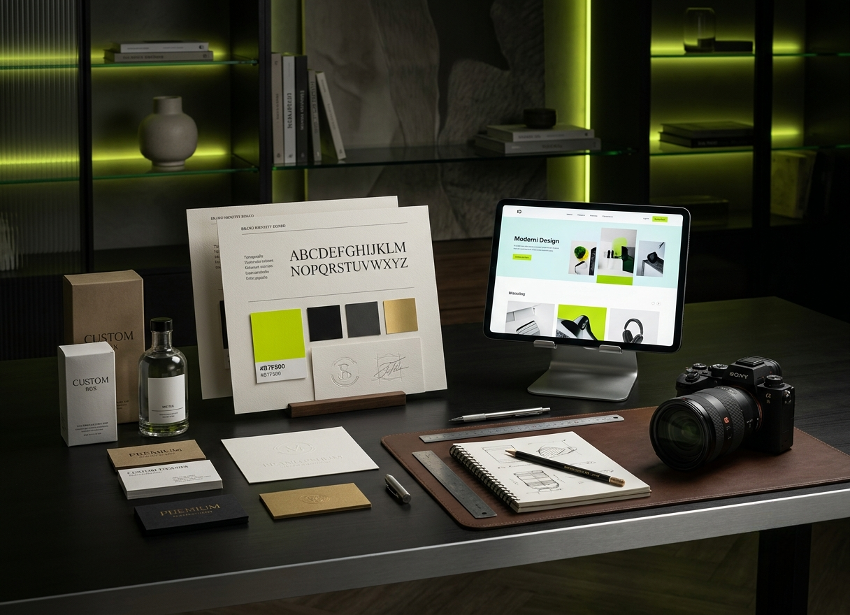 Minimalist design studio workspace with high-end typography posters and professional creative tools in moody lighting