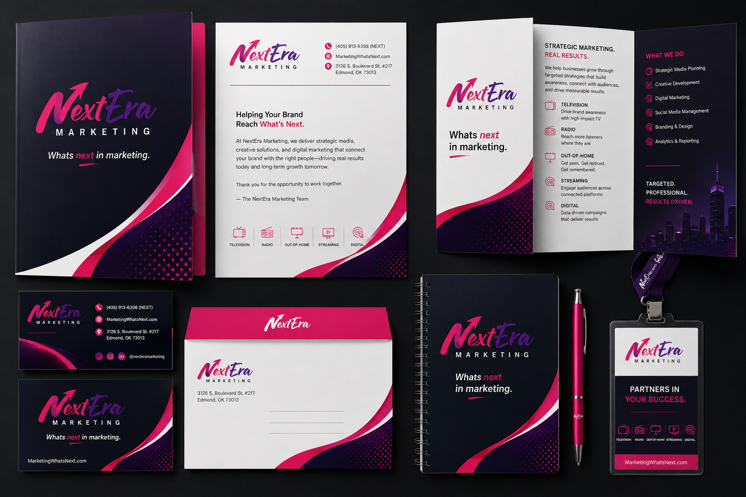 Professional branded documents and marketing materials organized on a desk