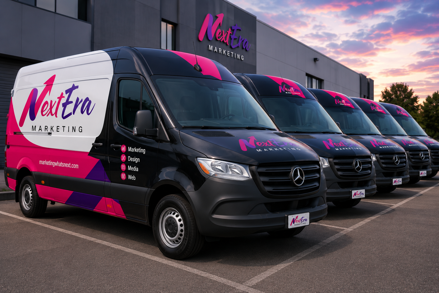Fleet of commercial vans with consistent NextEra Marketing branding