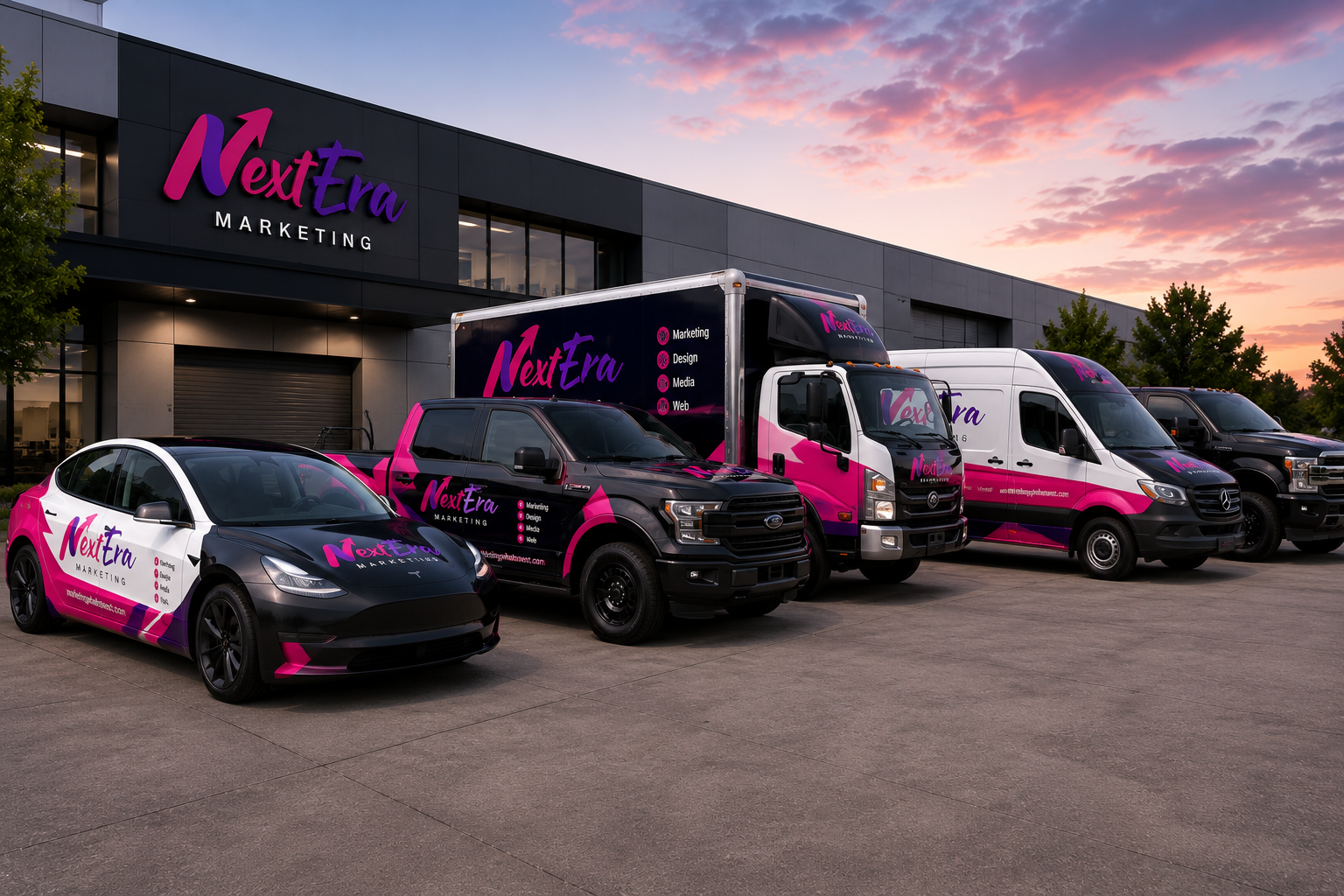 NextEra Marketing branded fleet featuring cars, trucks, and commercial vans