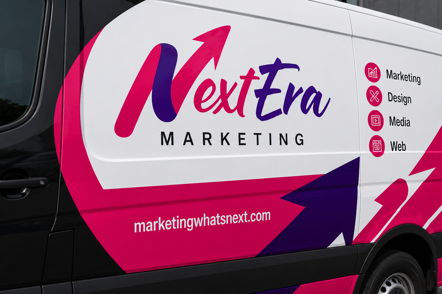 Close-up of NextEra Marketing vehicle wrap and brand graphics