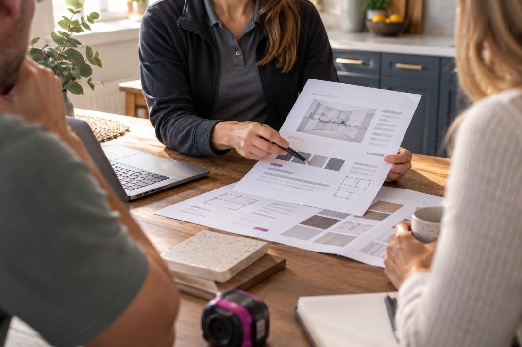 Contractor discussing a larger planned project estimate with homeowners Contractor discussing a larger planned project estimate with homeowners