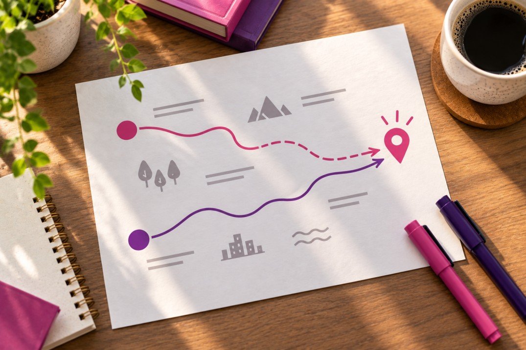 Two drawn paths converging on one destination, representing LSAs and Google Ads working together Two drawn paths converging on one destination, representing LSAs and Google Ads working together