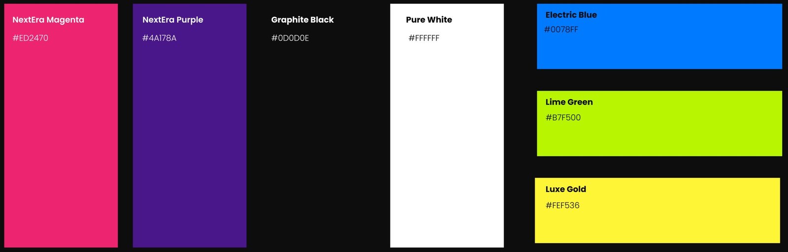 NextEra Marketing brand color palette and typography system showing coordinated colors and type styles