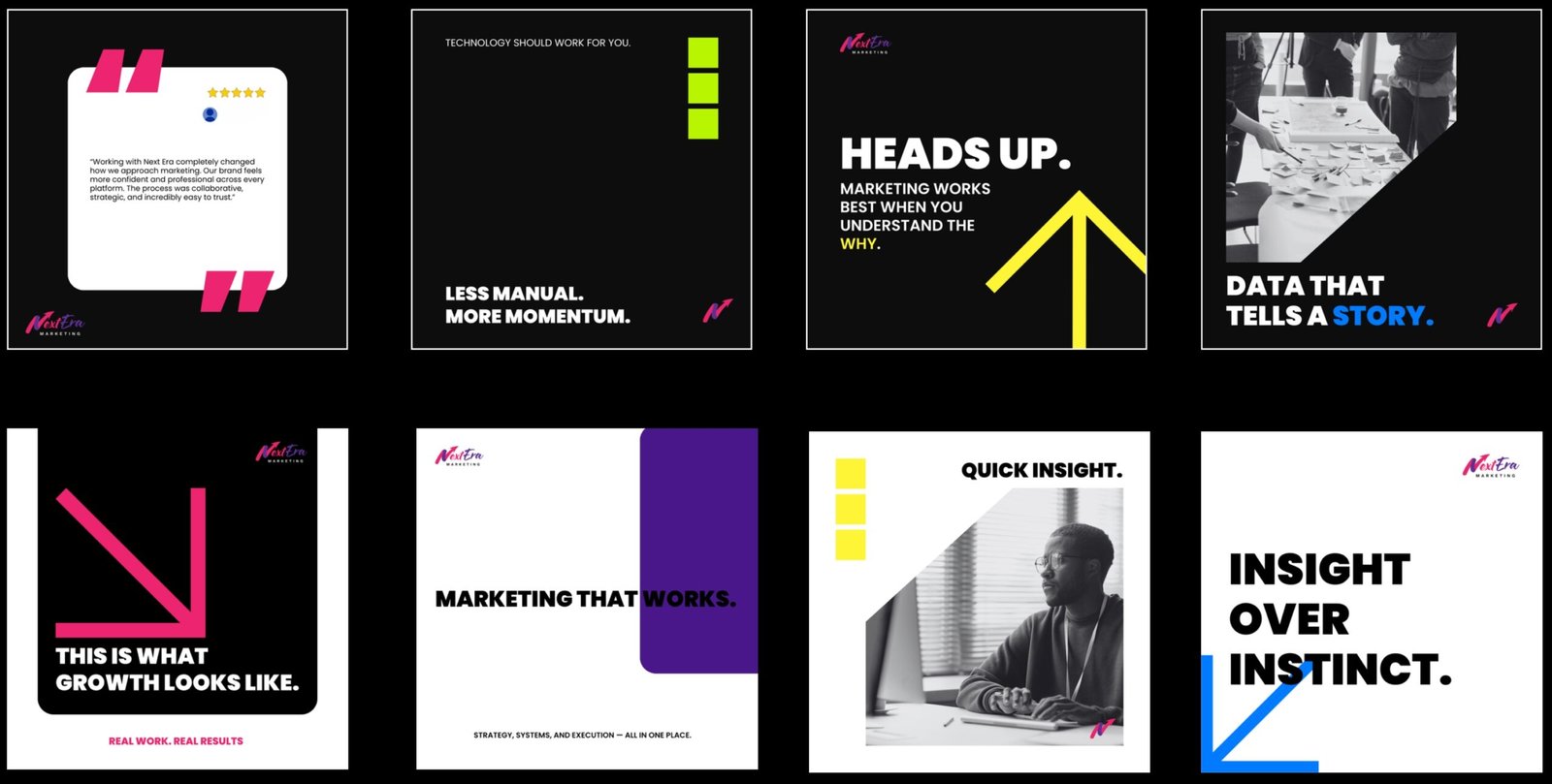 NextEra Marketing supporting visual elements including brand graphics, patterns, shapes, and design assets