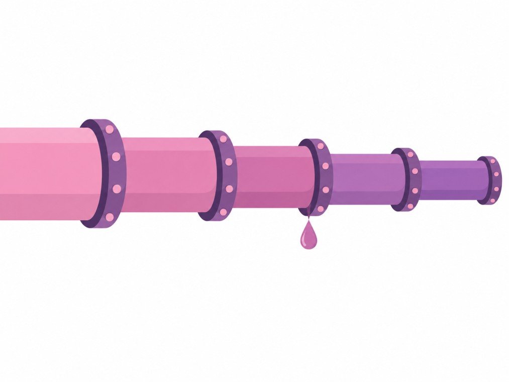 Illustration of a five-stage advertising funnel with one leaking joint identified