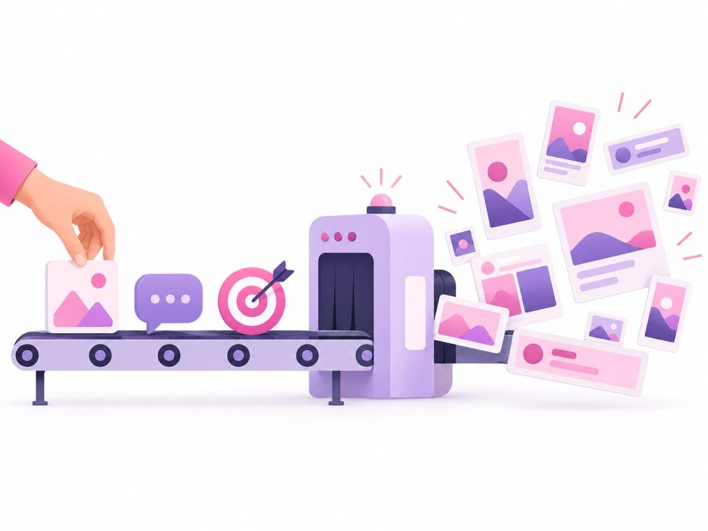 Illustration of advertiser inputs being assembled by automated systems into many ad variations
