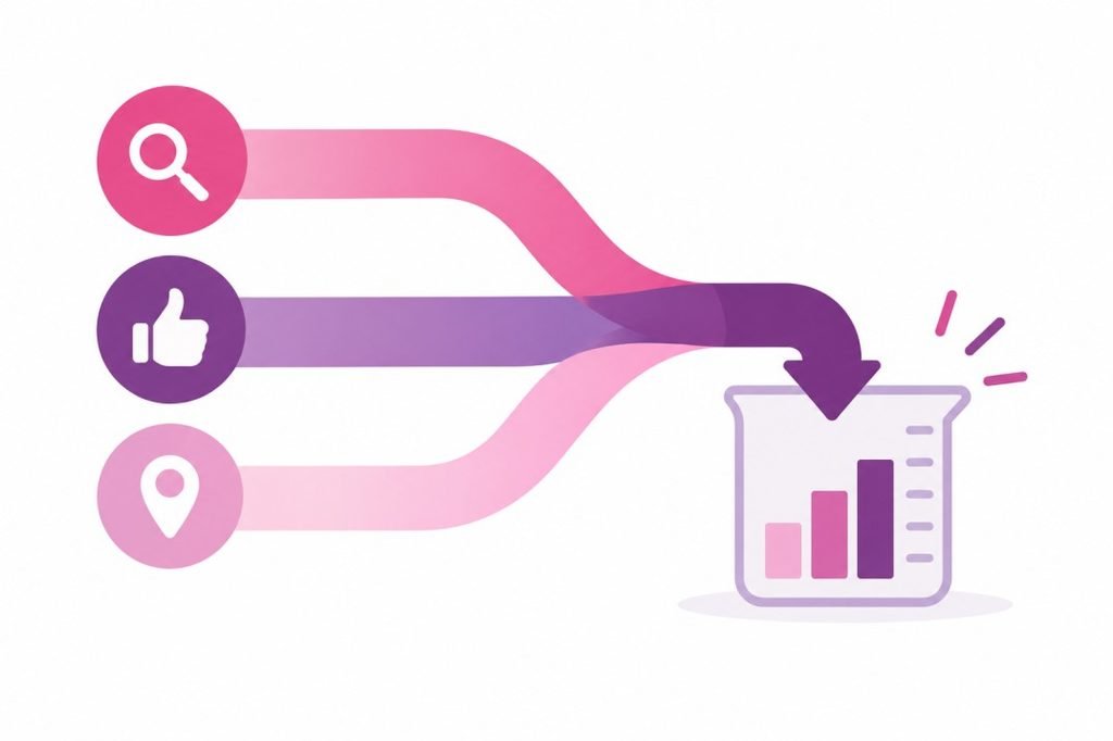 Illustration of advertising budget flowing across search, social, and local channels into one measured result
