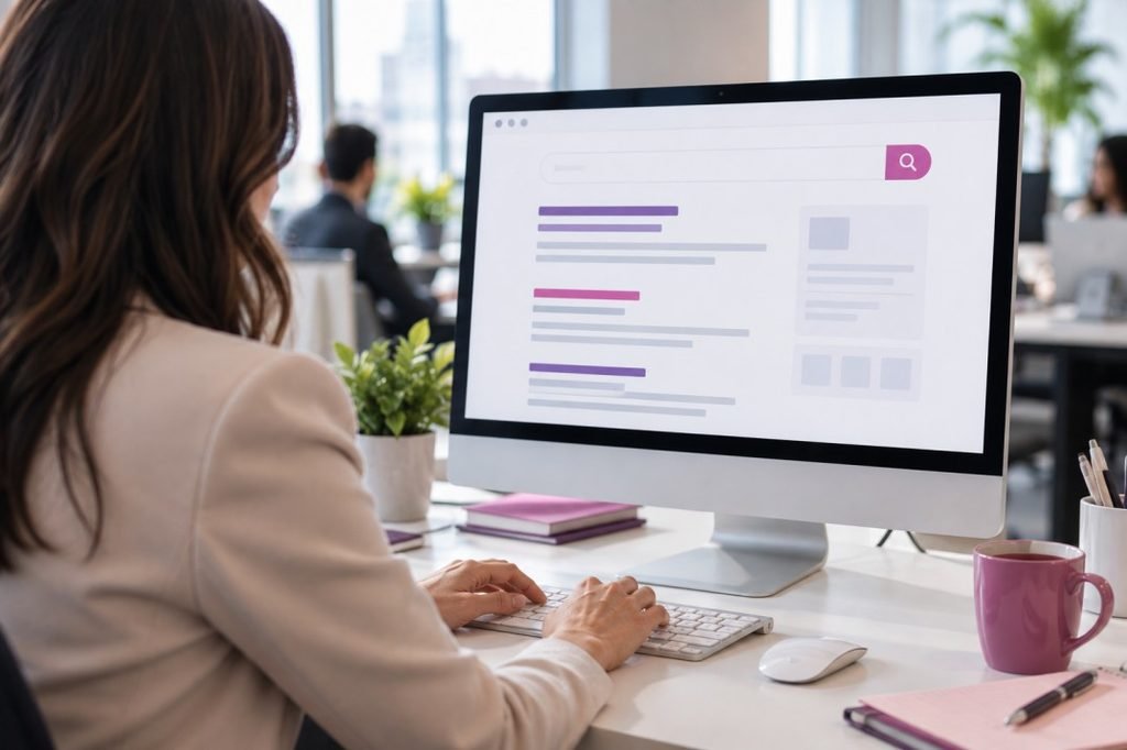 Office professional searching on a workplace desktop computer using default Microsoft software