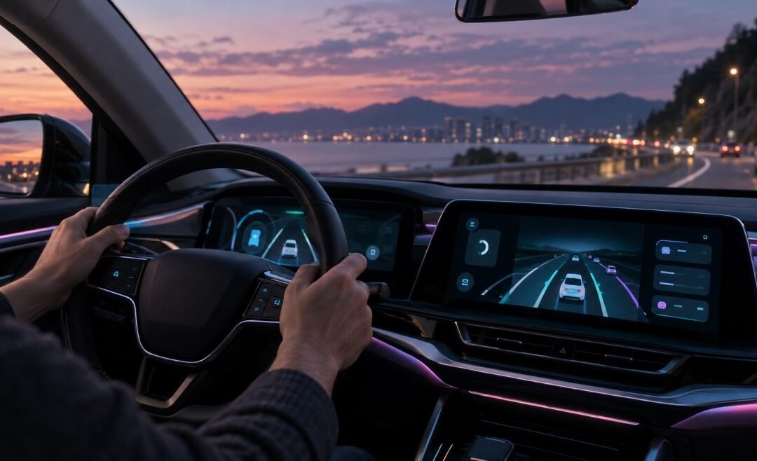 Business owner keeping hands on the wheel while automated systems assist, representing AI in advertising