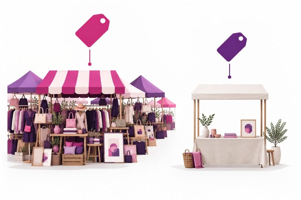 Illustration comparing a large busy search ad marketplace with a smaller, calmer one