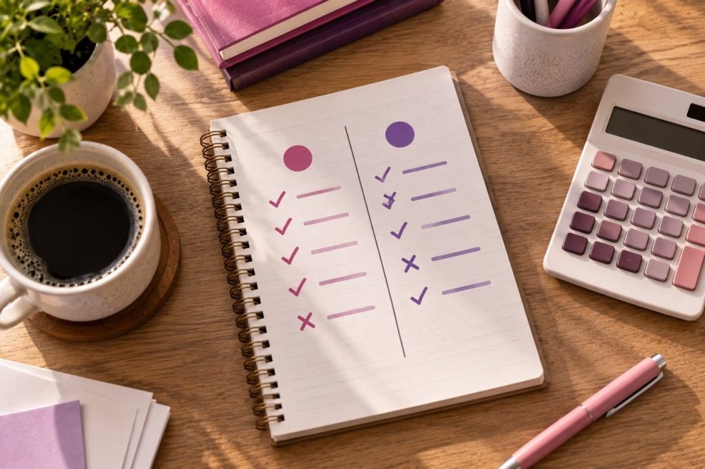 Business owner comparing advertising channel results side by side on a notepad