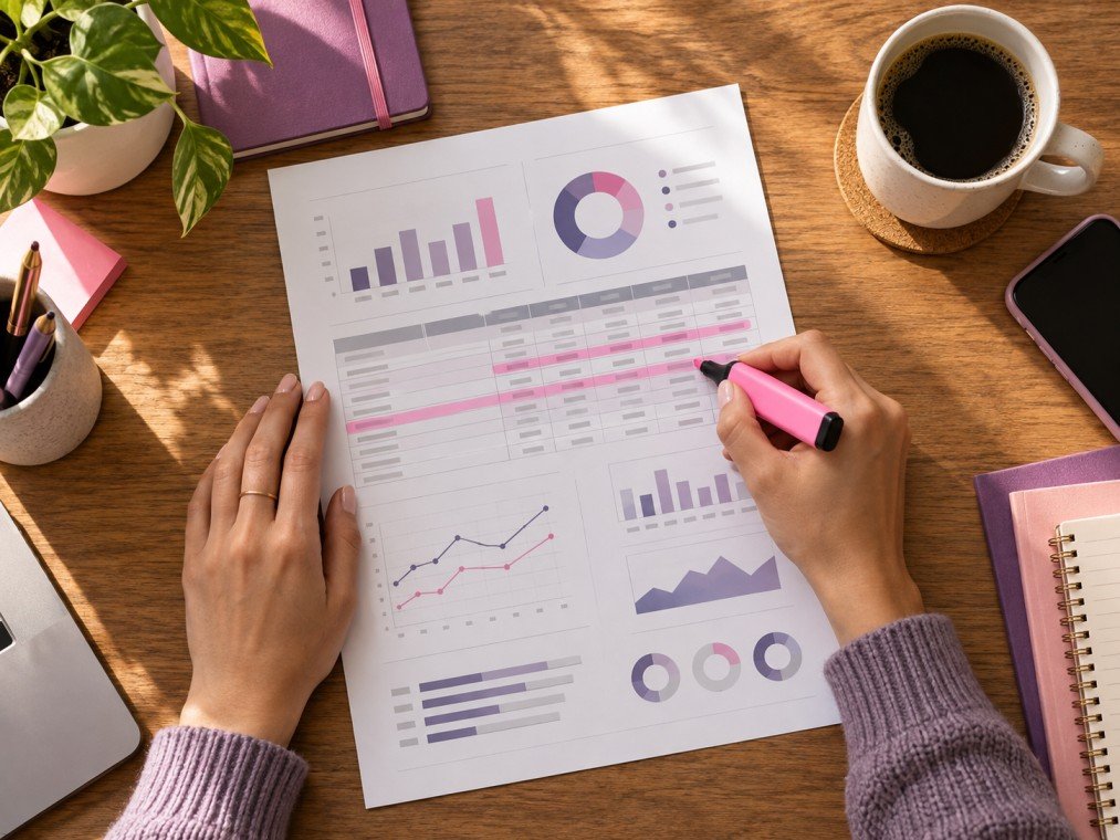 Reviewing a search terms report with a highlighter to find irrelevant paid clicks