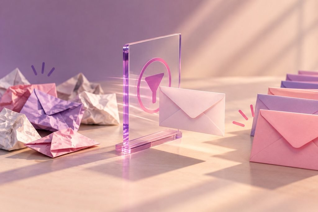 Email envelope passing through a filter, representing deliverability and sender reputation