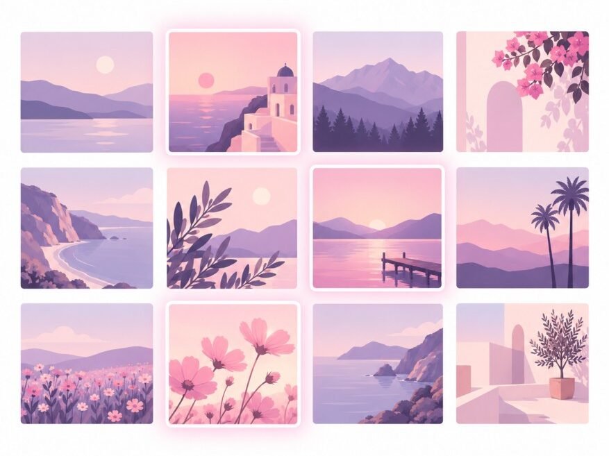Illustration of a photo grid with a few current images standing out among older ones