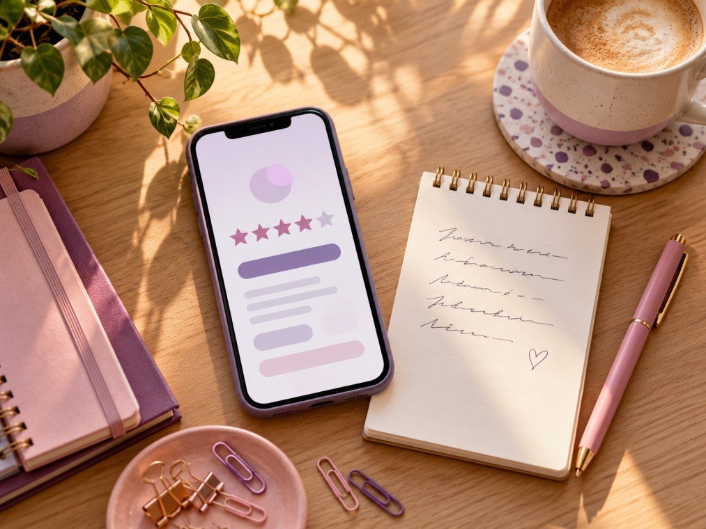 Phone showing a star rating beside a note representing a steady review-request habit