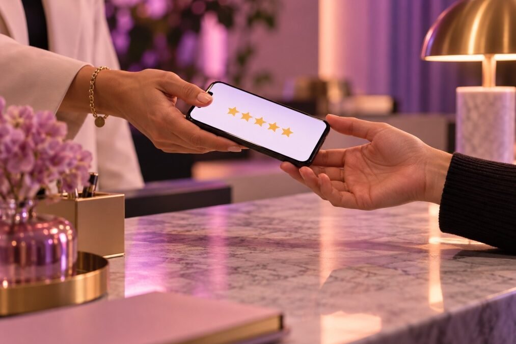 A phone showing a star rating being shared, representing asking a customer for a Google review