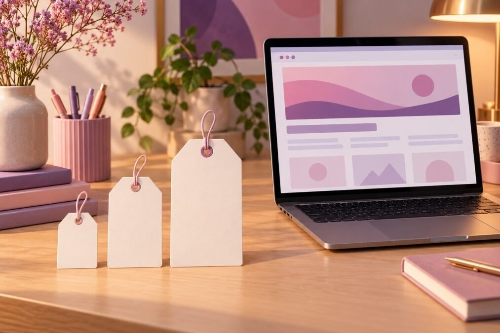 Three price tags of increasing size beside a laptop, representing DIY, freelancer, and agency website pricing tiers