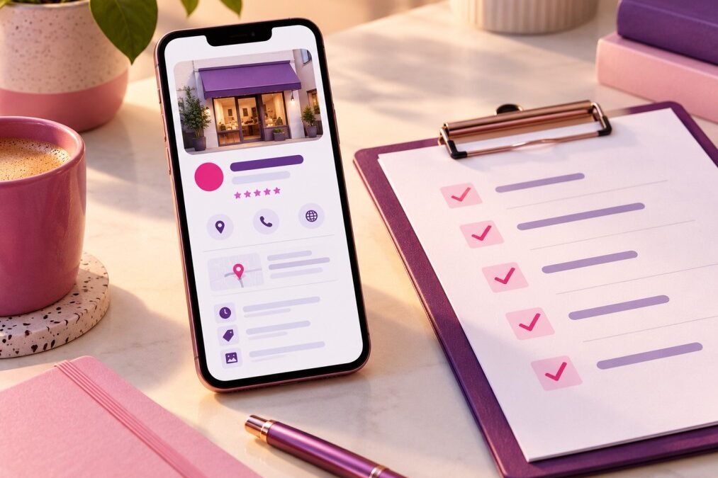 Smartphone showing a completed business profile checklist, representing Google Business Profile optimization