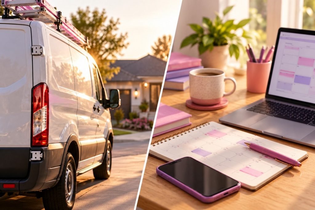 Split scene of a service van and a small business desk, representing appointment-driven businesses that benefit from missed-call text-back