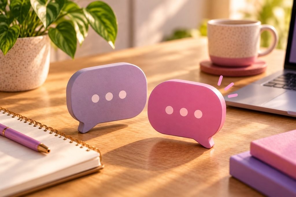 Two speech bubbles in a calm exchange, representing a thoughtful response to a customer review