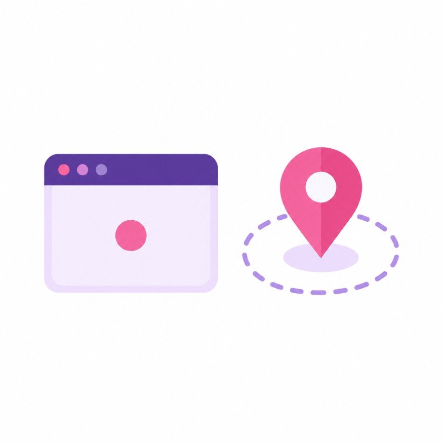 Illustration contrasting a website visit icon with a location pin and boundary, representing retargeting versus geofencing