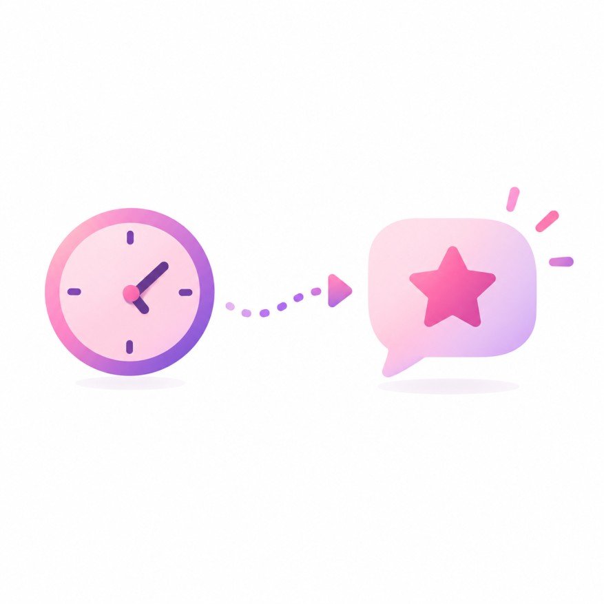 Illustration of a clock becoming a star-rated speech bubble, representing timely review requests
