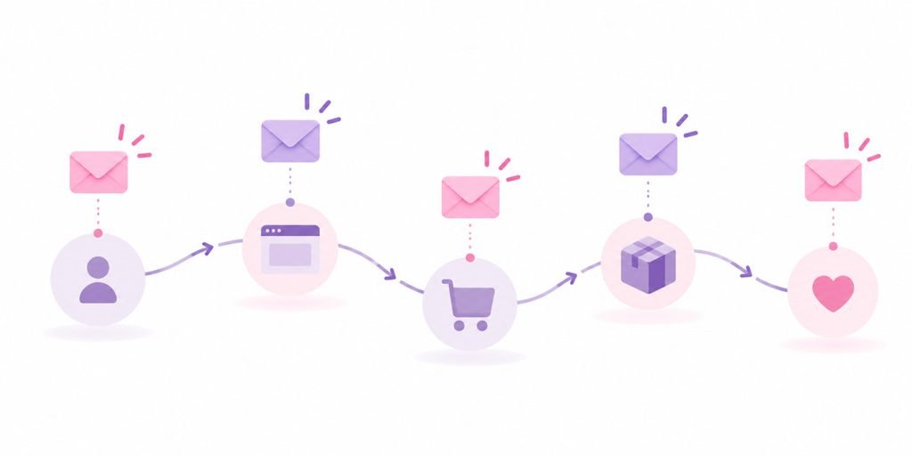 Email messages appearing at different stages of a customer journey