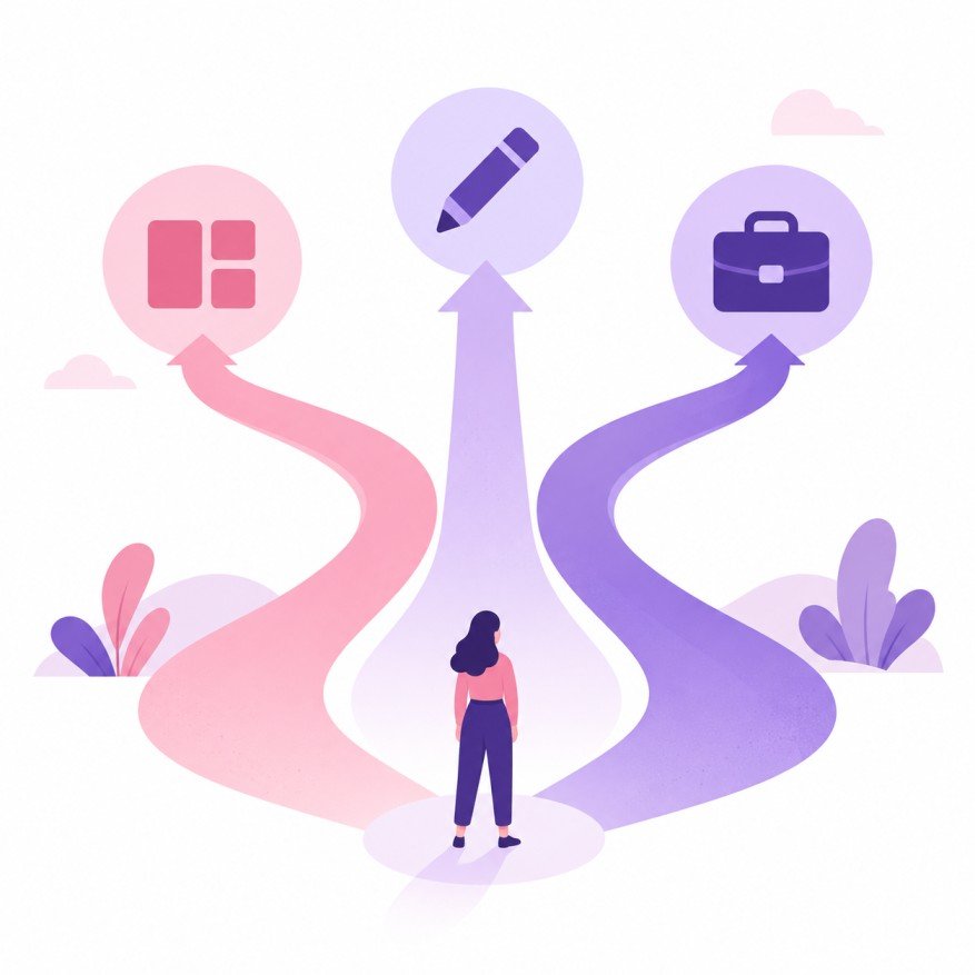 Illustration of three branching paths representing DIY, freelancer, and agency website options