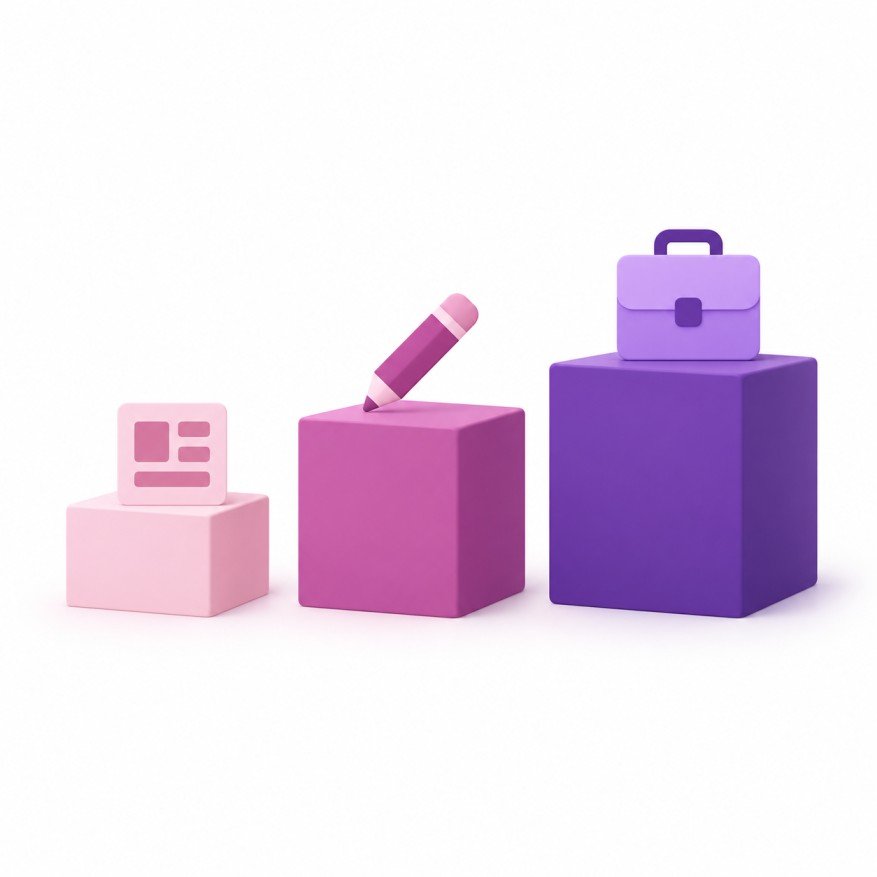 Three illustrated blocks of increasing size representing DIY, freelancer, and agency website options, not a data chart
